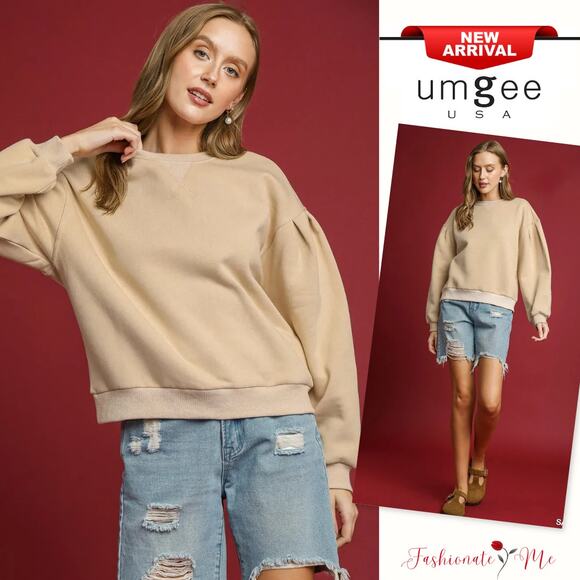Umgee Crew Neck Long Sleeves Pleated Detail Relaxed Casual Sweatshirt | Sand - Picture 1 of 5